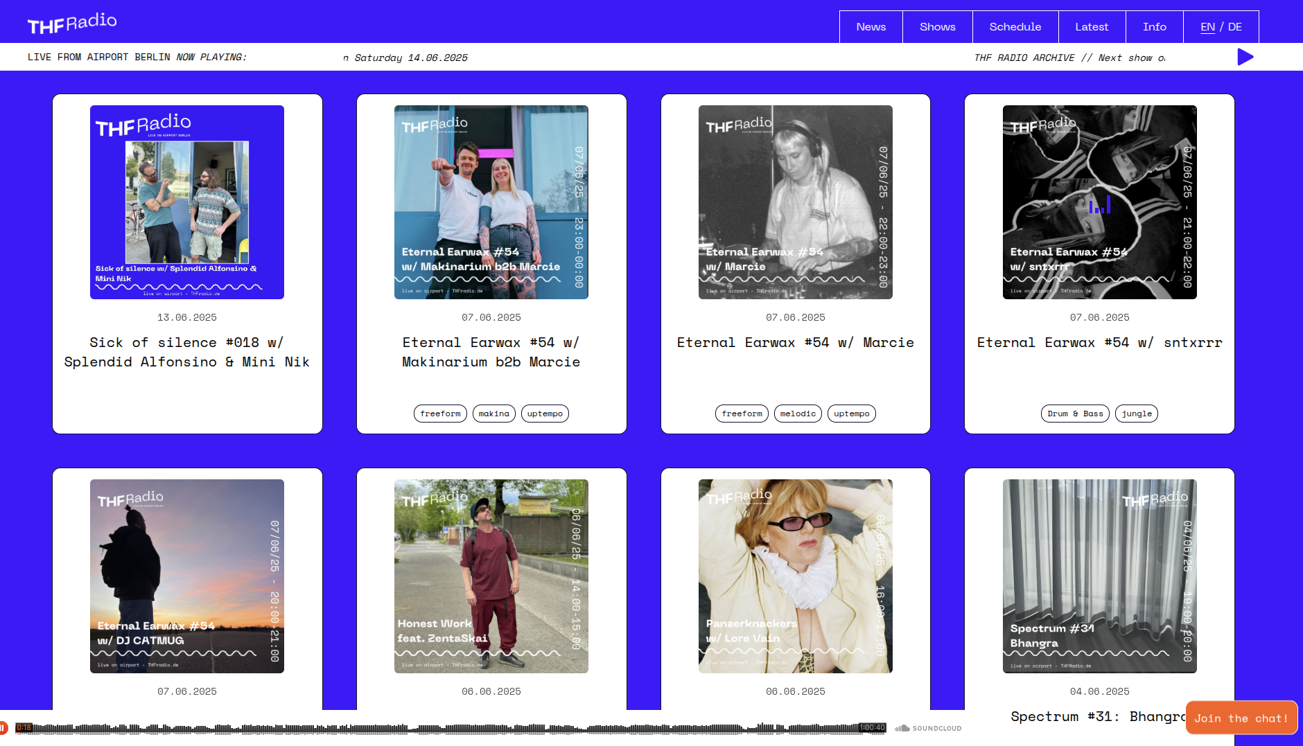 Screenshot der Webseite von THF Radio